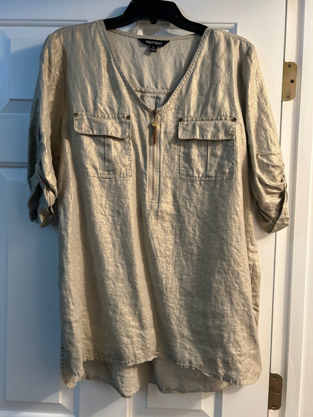 Ellen Tracy Metallic Gold Zip-Front Tunic 100% linen